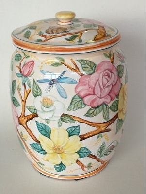 Albisola ceramics Art - Funeral urn, with flowers, butterflies, dragonflies.